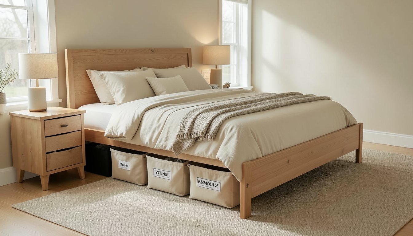 Under-bed rolling storage bins neatly organized in a small bedroom bed zone with labeled fabric bags and a light wood bed frame