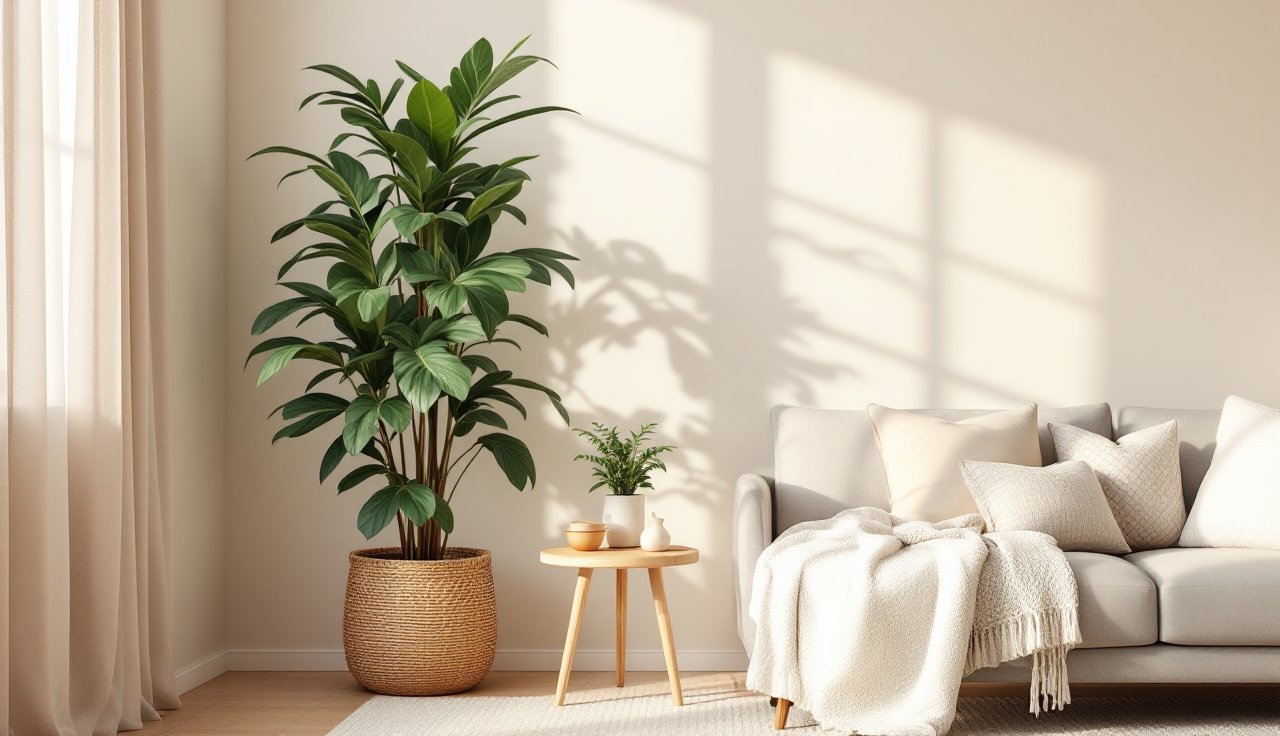 Modern boho living room corner with a floor plant in a woven basket, macrame hanger, and warm neutral decor