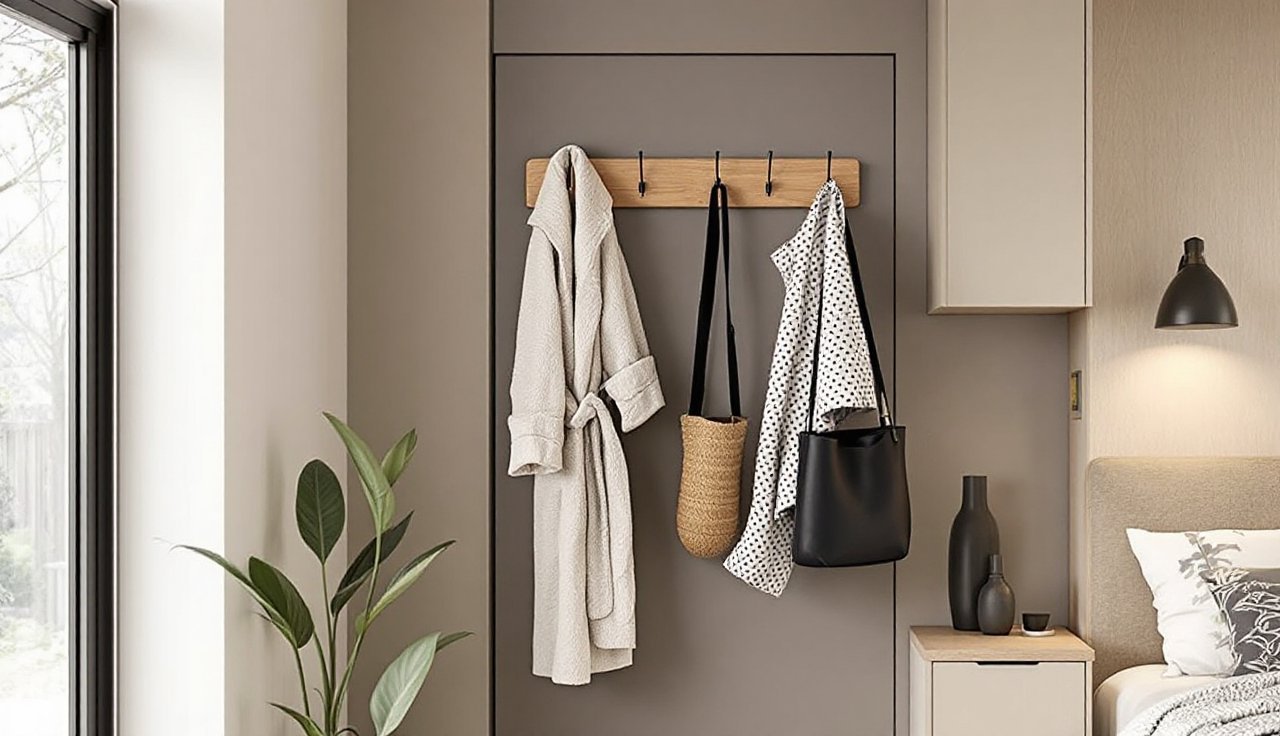 Over-door hooks holding a robe and bag near the bedroom entry