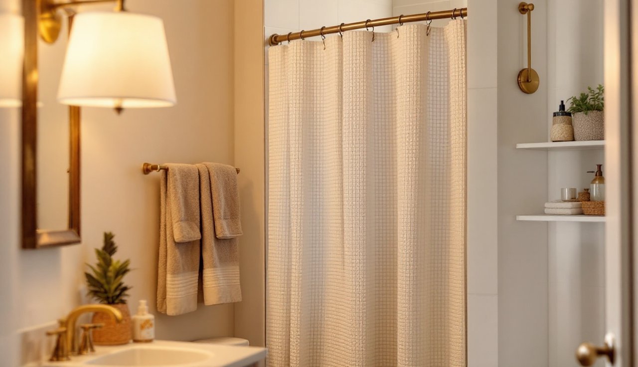 Renter-friendly modern bathroom with adhesive hooks and tension rod styling