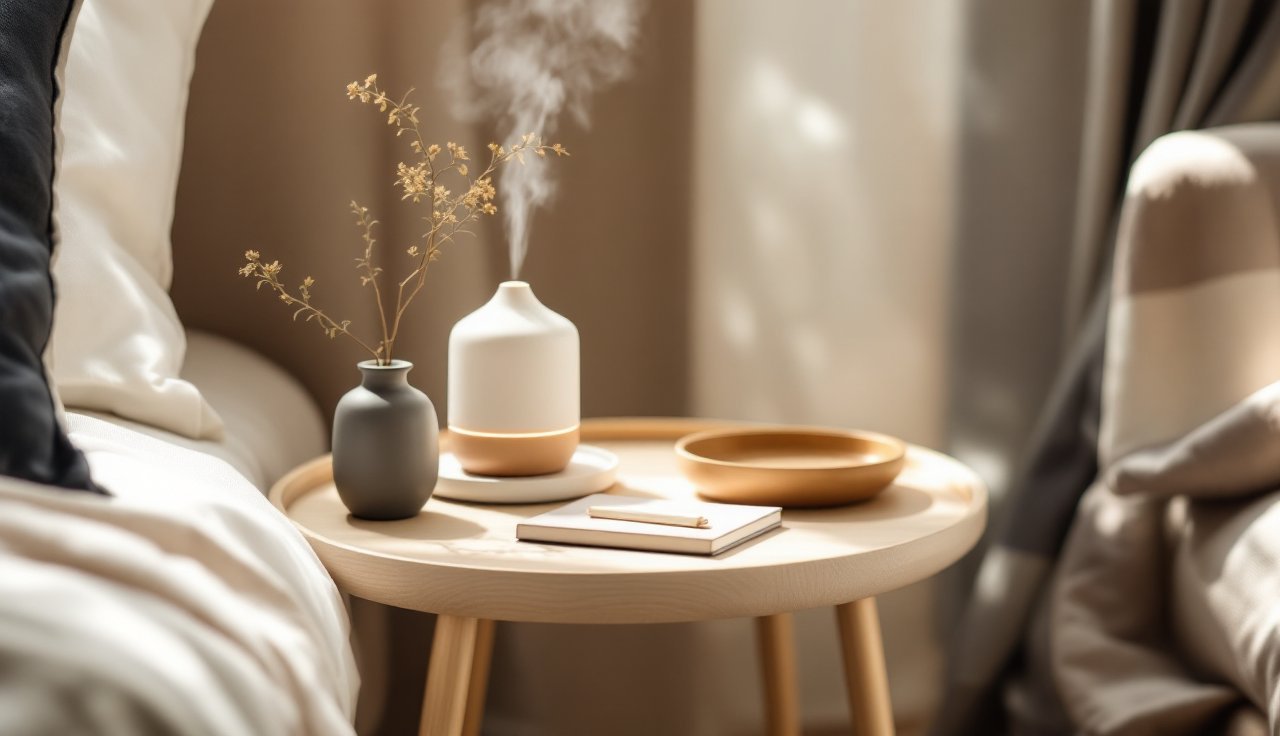 Side table vignette with a ceramic diffuser on a tray, a book, and a small vase