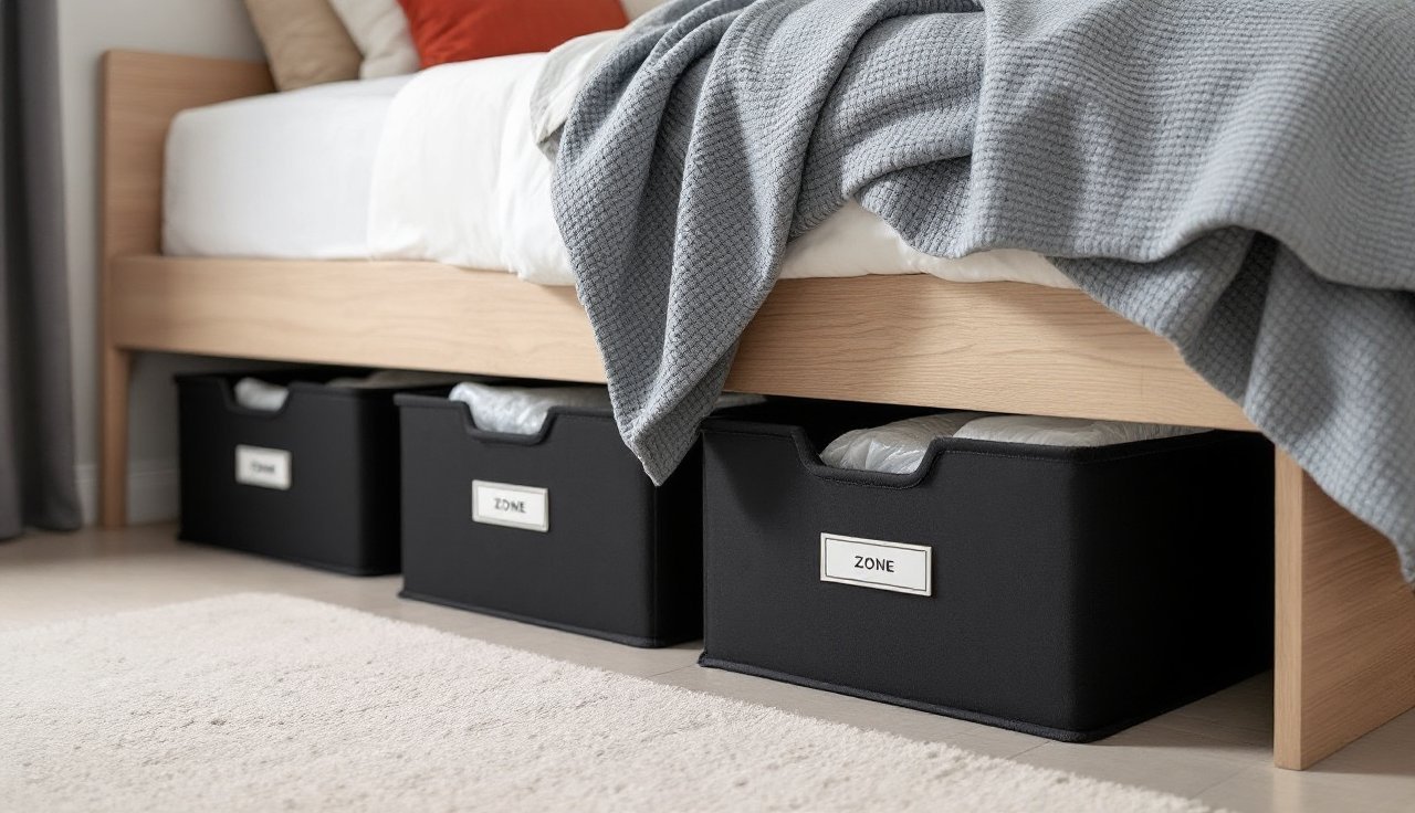Under-bed rolling bins and labeled low-profile storage in a small bedroom