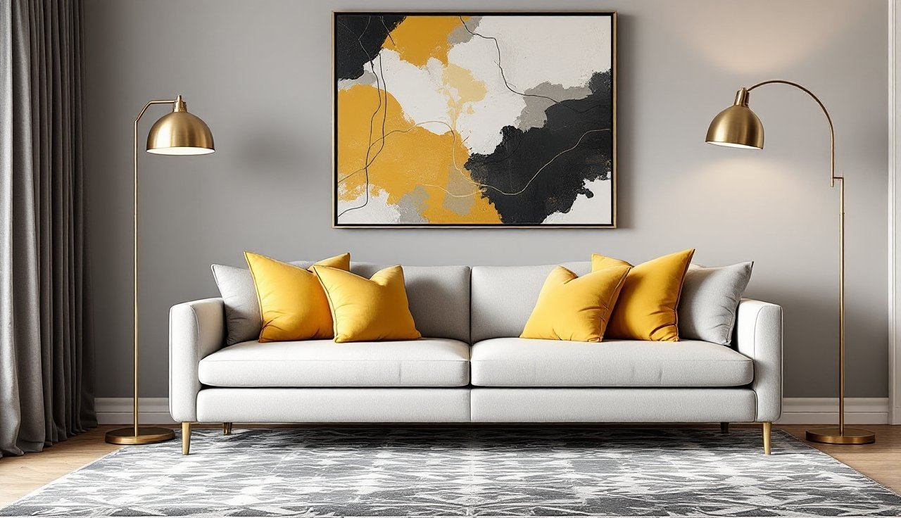 Dark neutral living room with a charcoal rug, colorful abstract wall art, mustard pillow covers on a neutral sofa, and brass floor lamp near the sofa wall