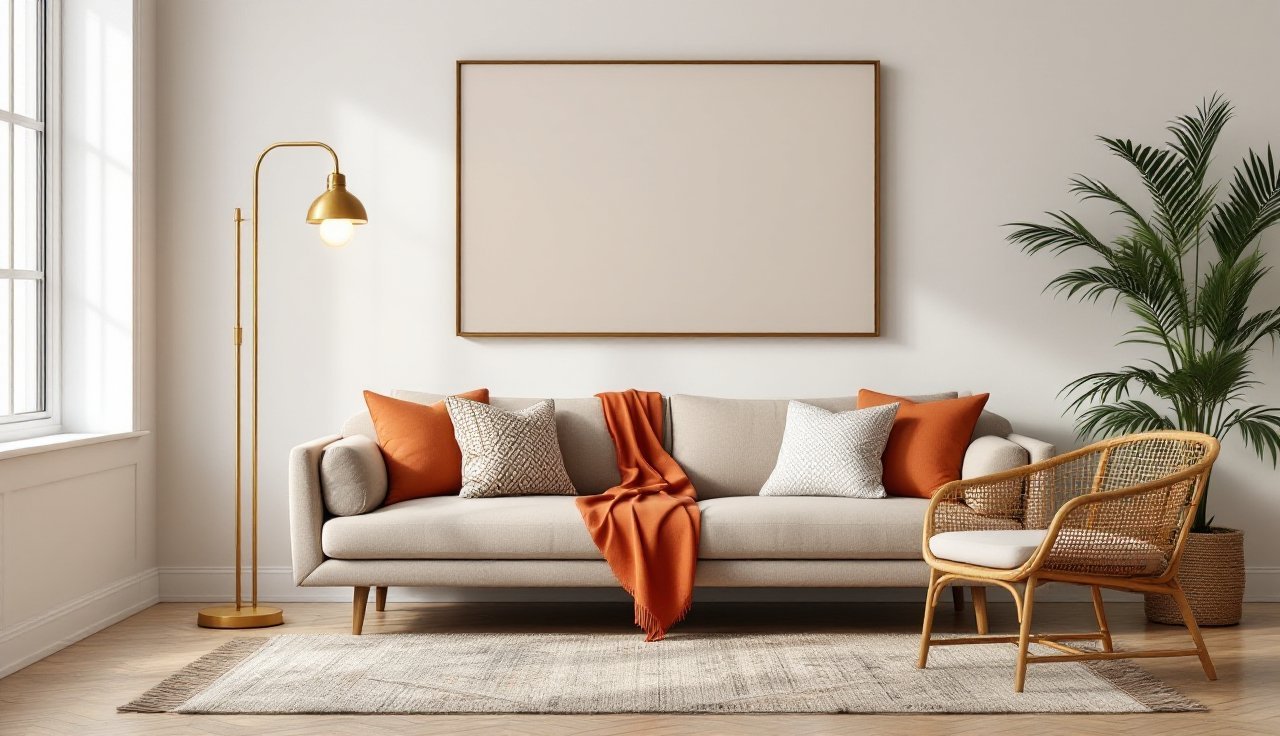 Sofa wall seating area with brass floor lamp beside sofa, vintage rug under coffee table, and rattan accent nearby