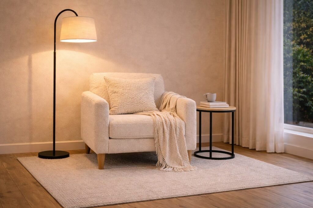 Reading nook with properly placed warm lighting: floor lamp, side table lamp, and cozy chair