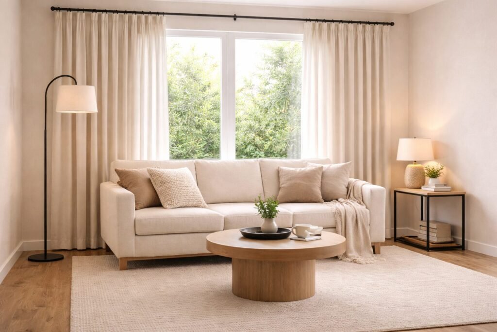 Window/curtain wall with linen-look blackout curtains, a large area rug, and layered pillows in warm neutrals