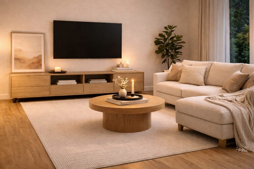 Living room TV wall and media console aligned with a properly placed area rug and seating group
