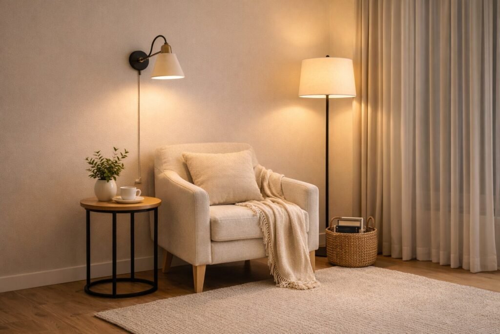 Reading nook corner with a plug-in wall sconce, accent chair, side table, and warm lamp glow