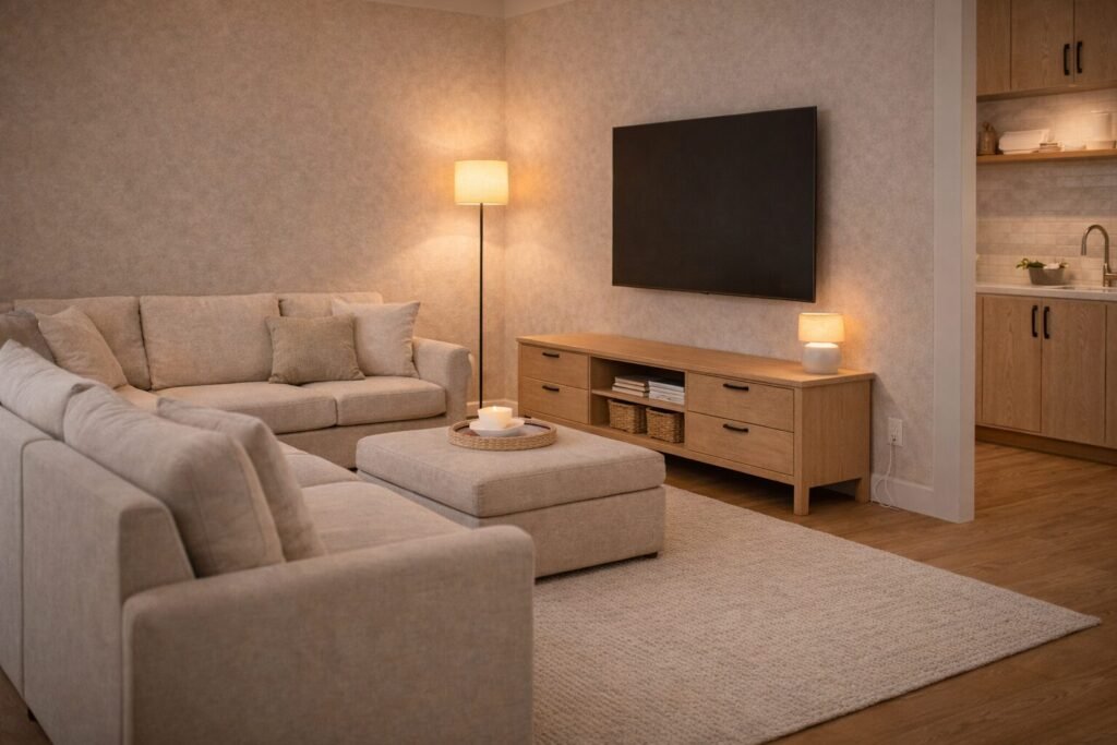 Modular furniture layout in a small space living area with a TV wall and media console