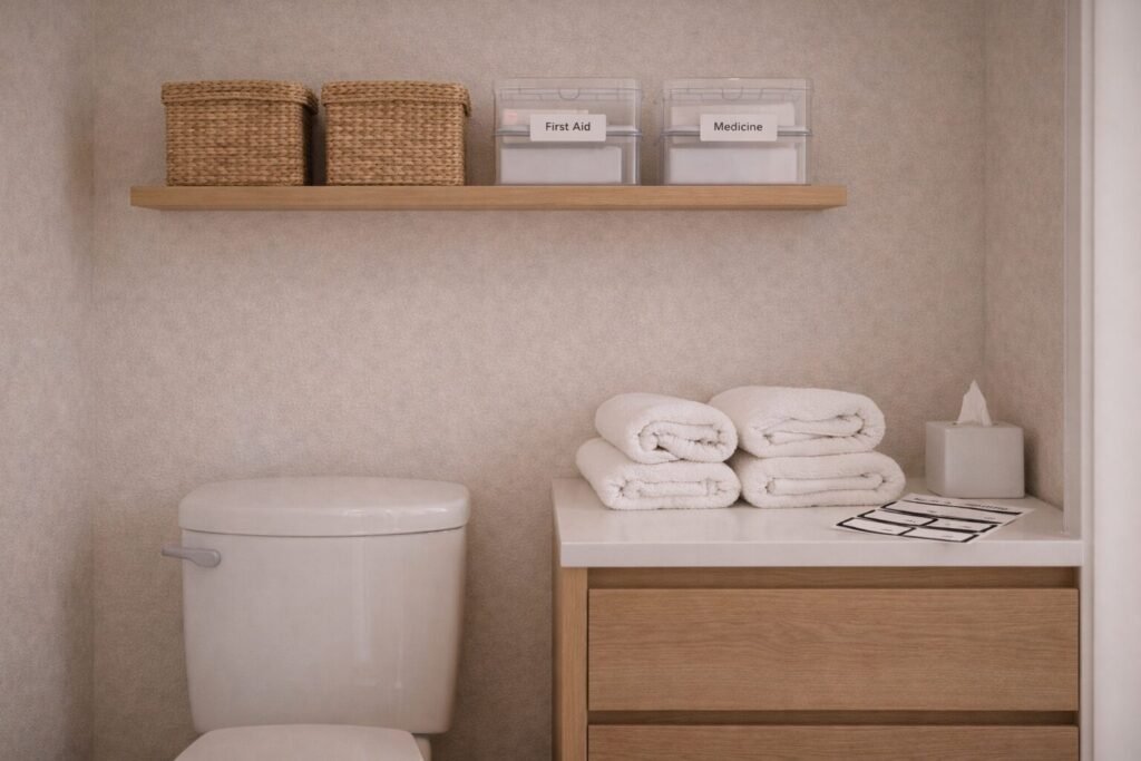 Minimalist bathroom shelf with matching bins, labels, and a calm neutral palette