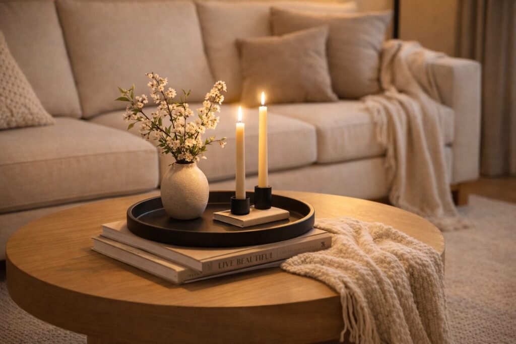 Coffee table zone with a textured tray, seasonal stems in a vase, candles, and a cozy throw in warm neutrals