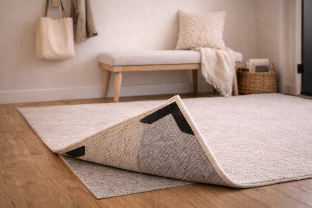 Entry corner with a rug pad and corner grippers keeping an area rug flat and safe