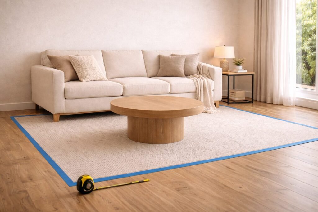 Painter&rsquo;s tape outlining a rug size in front of a sofa wall for measurement planning