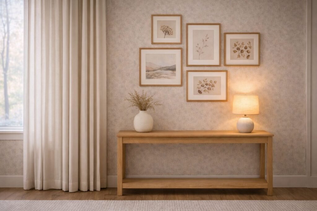 Window and curtain wall with a nearby gallery wall in warm neutrals and clean modern styling