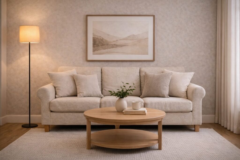 Large area rug anchoring a sofa wall seating layout in a warm modern rental living room