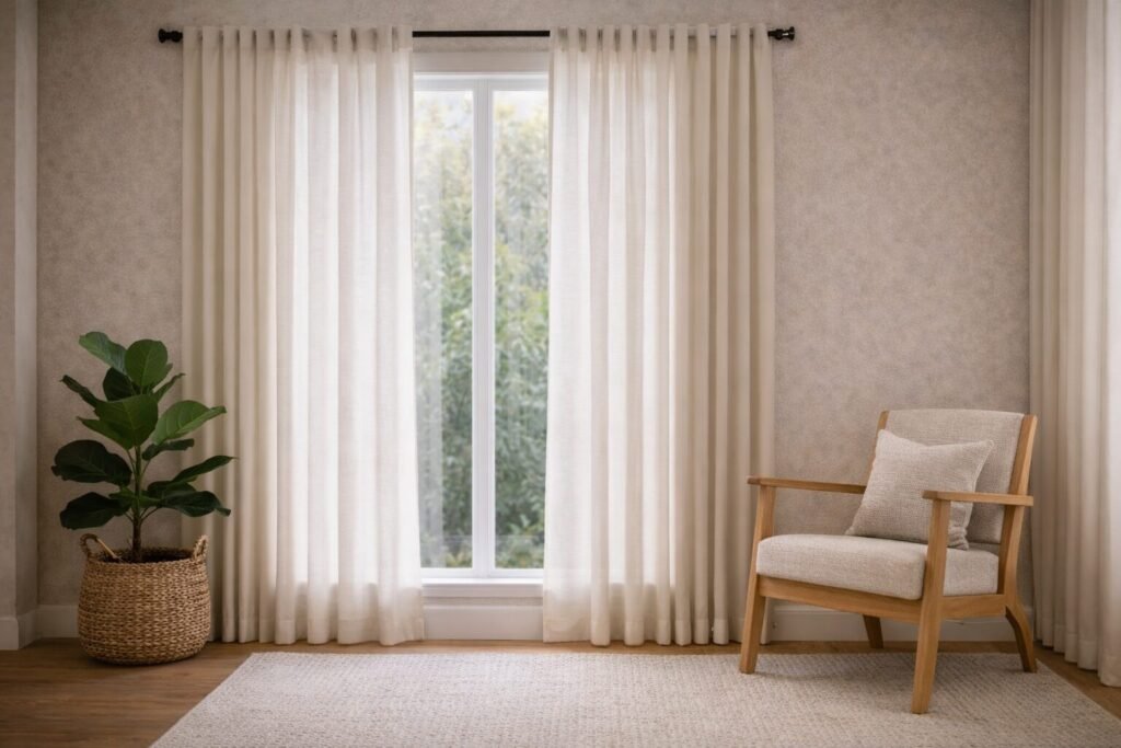 No-drill curtains on a window/curtain wall in a warm modern rental living room