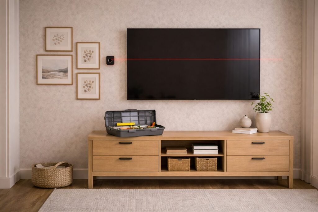 TV wall plus media console with a measured gallery wall layout and hanging tools nearby