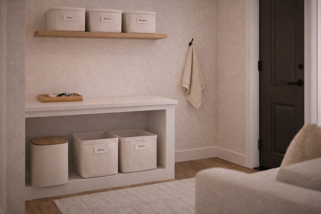 Organized sink area with labeled bins and a clear countertop in a small bathroom