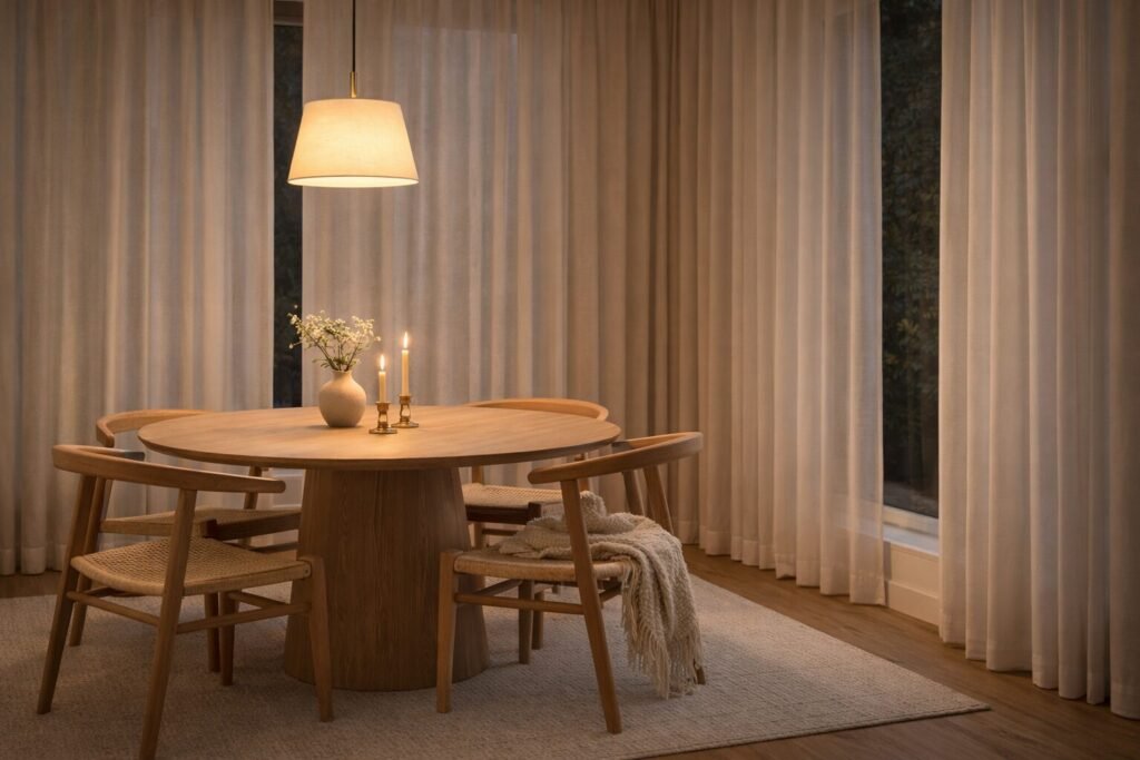Dining area with warm lighting and smart dimmed pendant over table for a cozy modern look