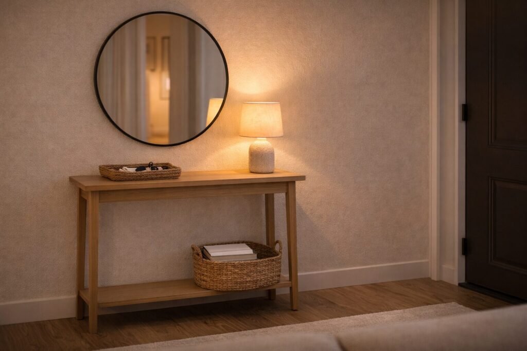 Entry corner lighting with warm bulbs, soft diffusion, and a mirror to bounce light