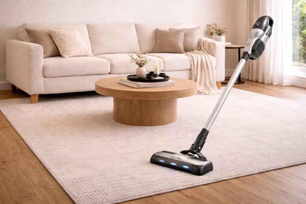 Living room sofa wall with a vacuum cleaning a low-pile rug and a tidy seating area