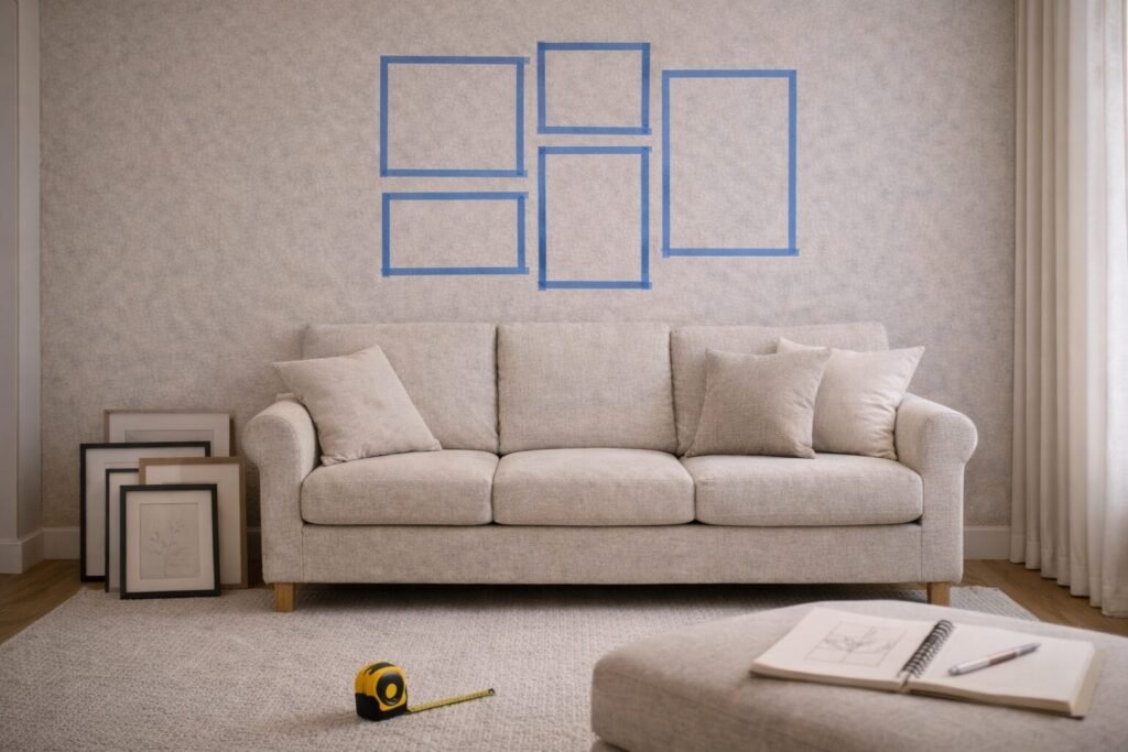 Measuring a sofa wall for a gallery wall layout using painter&rsquo;s tape and a tape measure