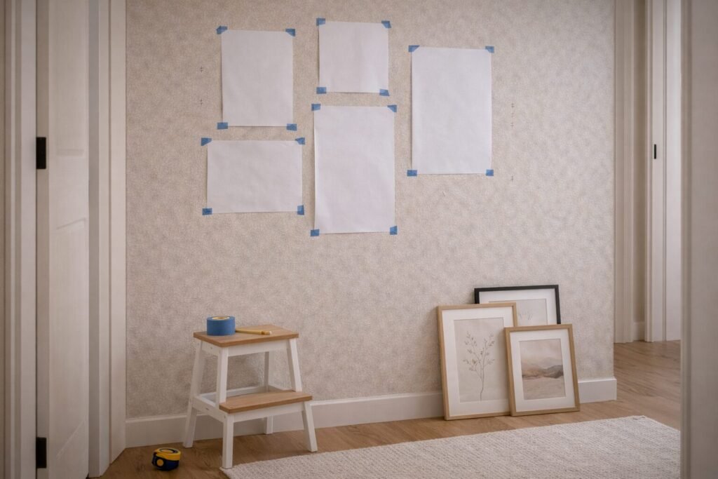 Planning a gallery wall layout in a hallway wall using paper templates and painter&rsquo;s tape