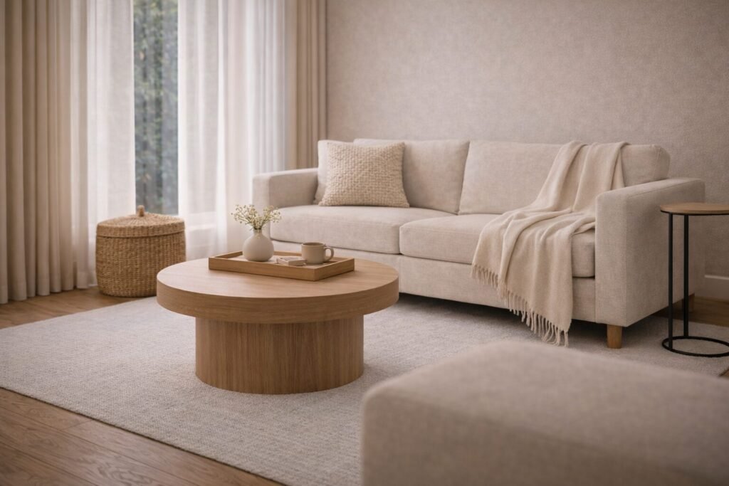Sofa wall reset system with a lidded basket, tray, washable rug, and tidy surfaces in a small living room