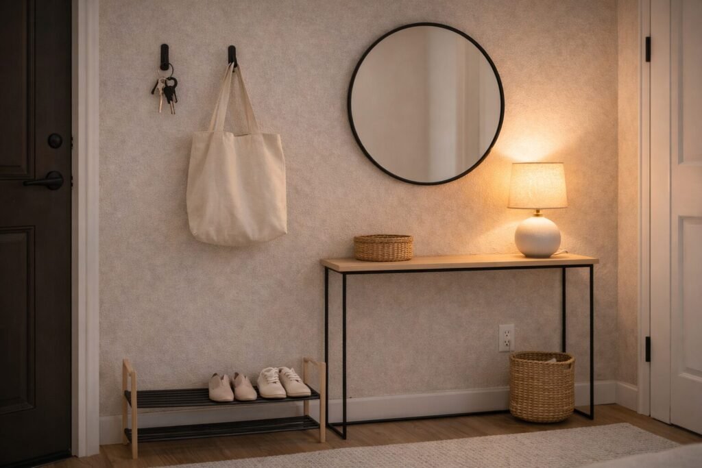 &ldquo;ZONE: entry corner. MUST INCLUDE: damage-free wall hooks with keys and a tote bag, slim shoe rack, small round mirror, woven basket, plug-in table lamp on a narrow console. PALETTE: warm neutrals (ivory/oat/light wood/matte black). STYLE: Warm Modern. LIGHTING: warm evening lamp glow. CAMERA: medium shot. Realistic interior photography, high resolution, no logos, no text.&rdquo;