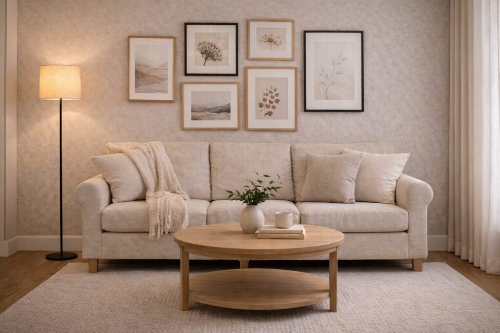 Gallery wall above a sofa wall with mixed frames in a warm neutral living room