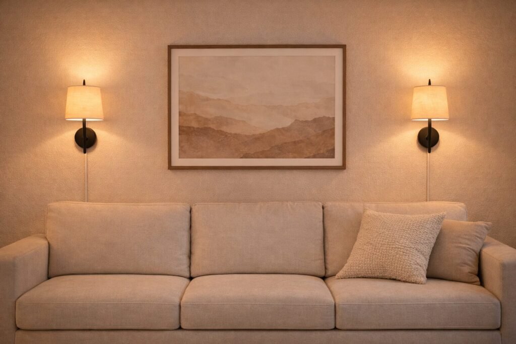 Bedroom wall with renter-friendly plug-in sconces and warm white bulbs creating a cozy glow