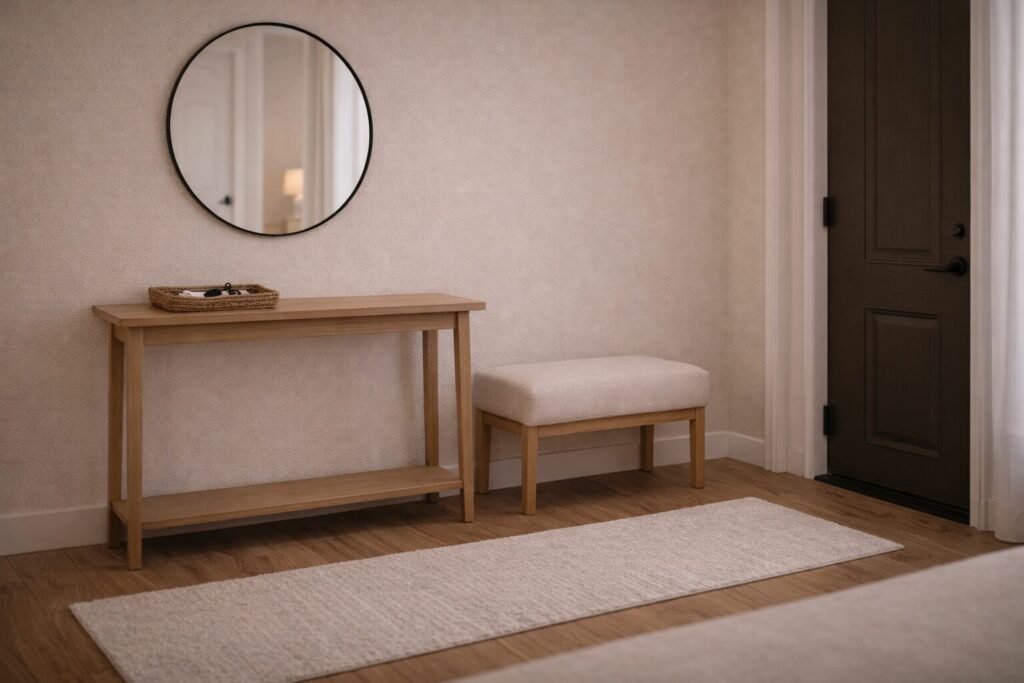 Entry corner into a small living room showing clear walkway, narrow console, and a rug defining the seating zone