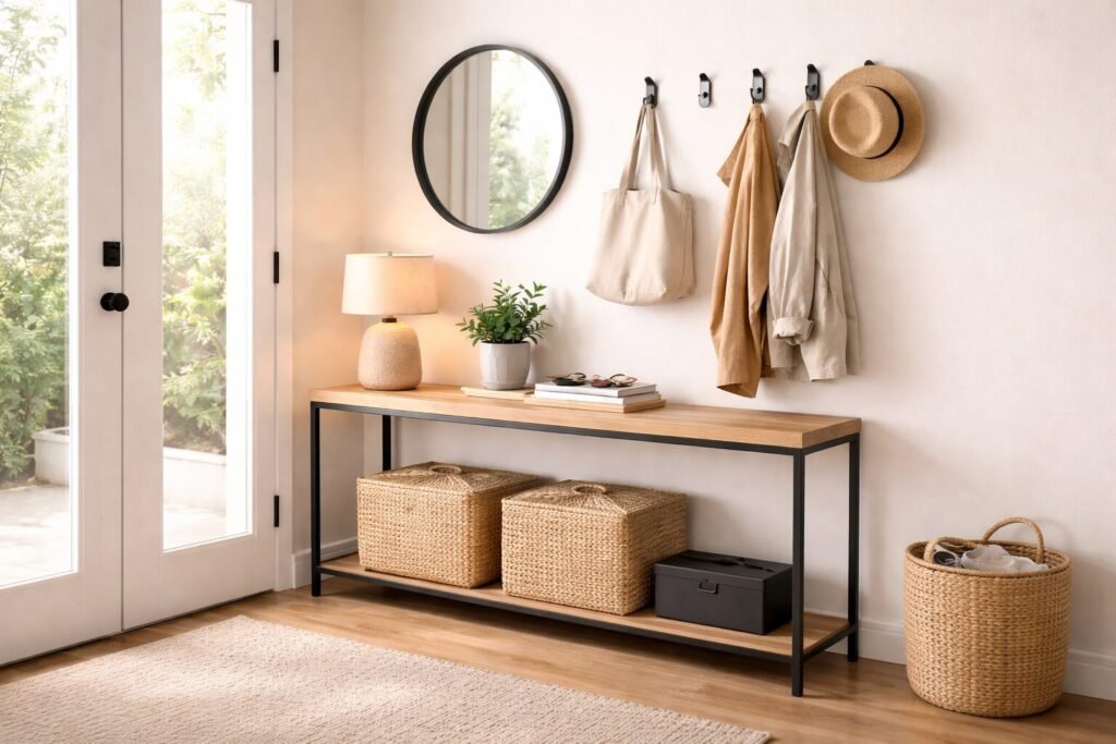 Entry corner drop zone with slim console table, lidded baskets, wall hooks, and a warm table lamp