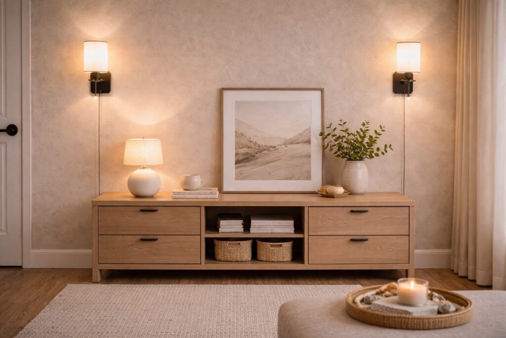 Plug-in sconces styled above a sofa wall with media console in a modern rental living room