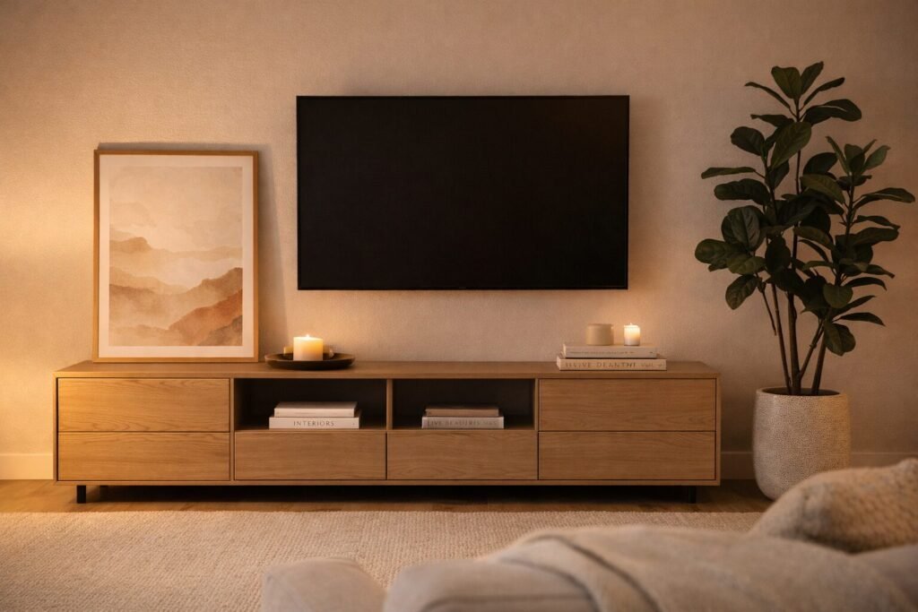 TV wall + media console styled with large art, stacked books, a faux floor plant, and a candle for cozy ambiance