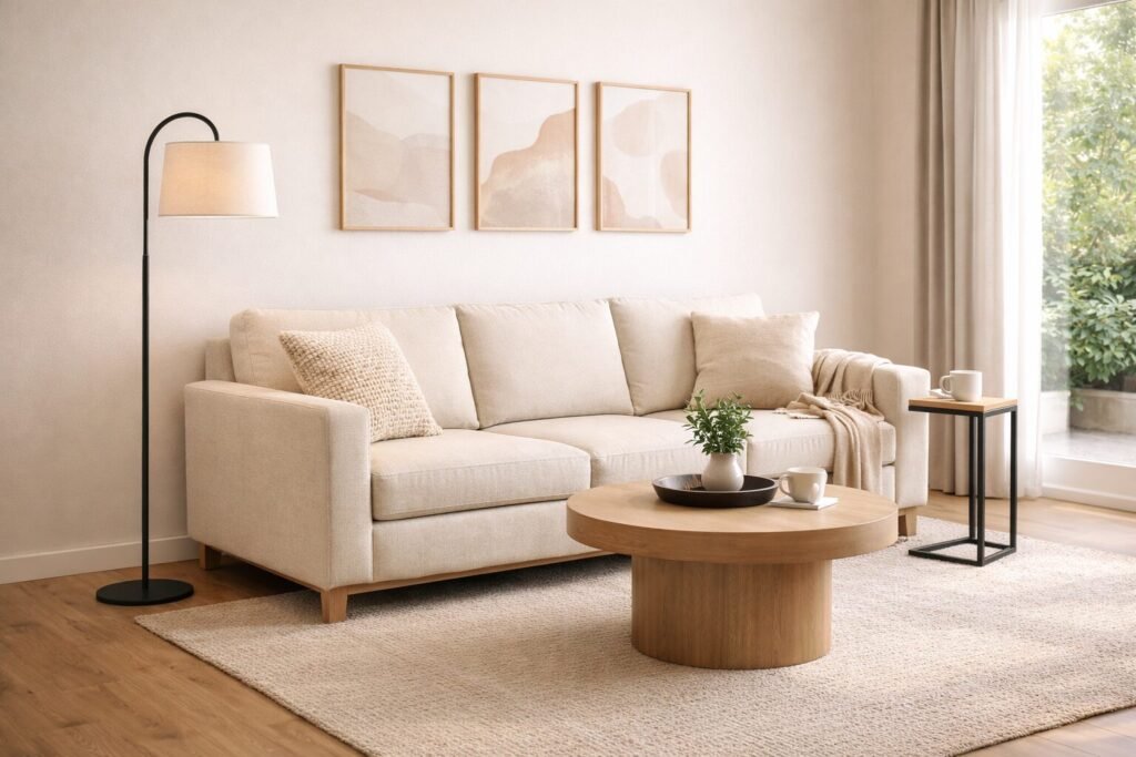 Sofa wall seating layout with a round coffee table, side table, and floor lamp with clear walkway spacing