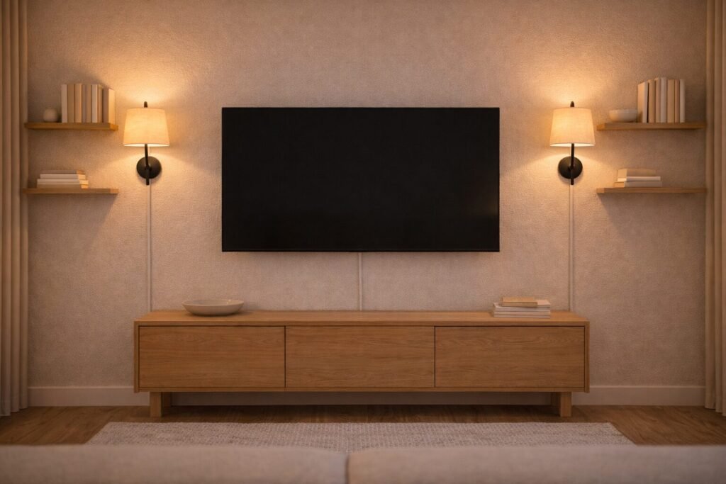 TV wall and media console setup with cord cover, floating shelves, and plug-in sconces in a small living room