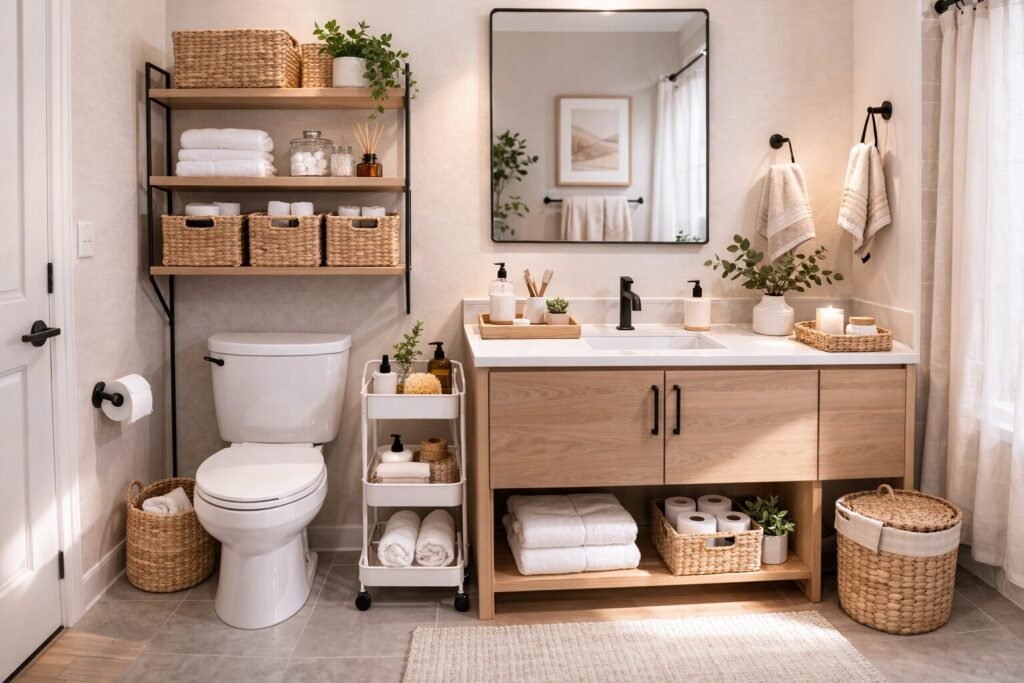 Small bathroom styled with zone-based storage: hooks, over-toilet shelf, and a slim cart