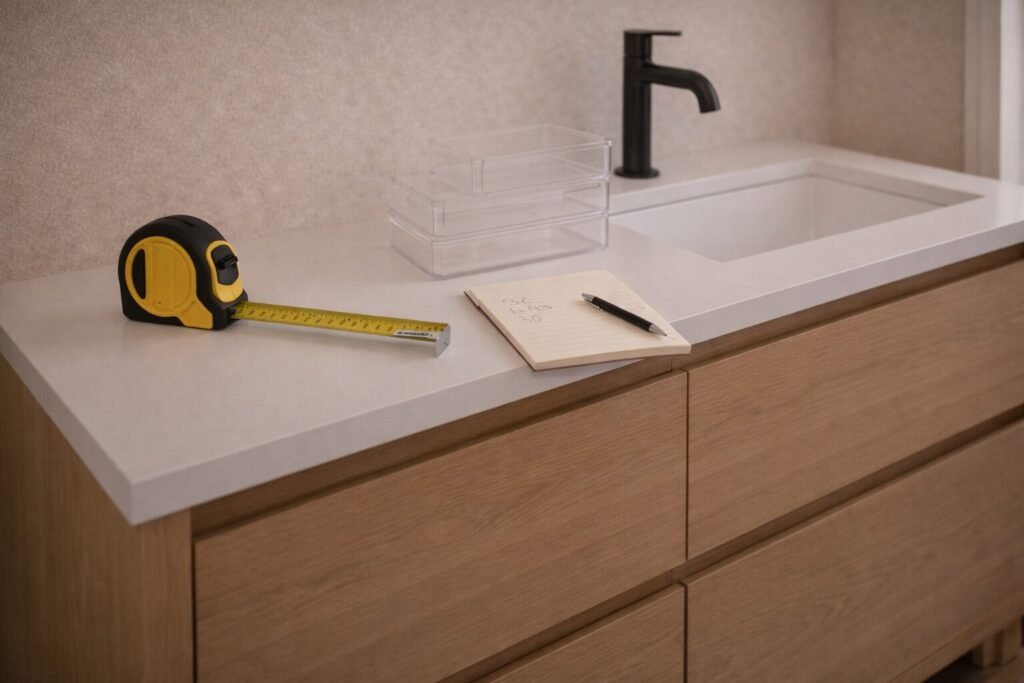 Measuring drawer interior for bathroom organizers in a small vanity