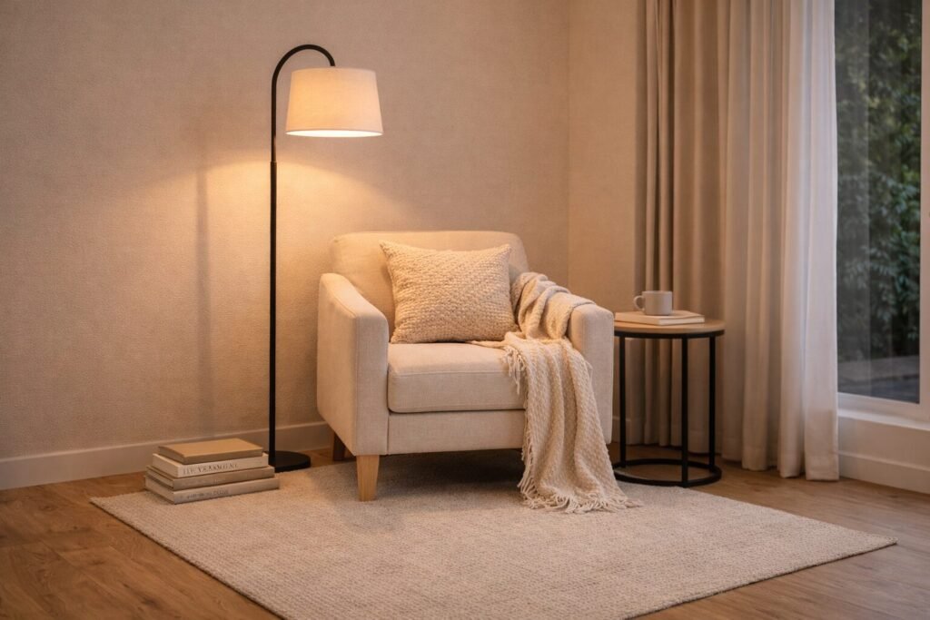 Reading nook corner with a low-pile rug layered under a chair for easy movement and daily use