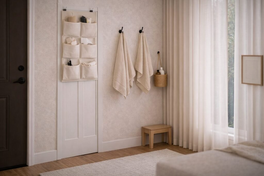 Back-of-door organizer and hooks keeping a small bathroom floor clear