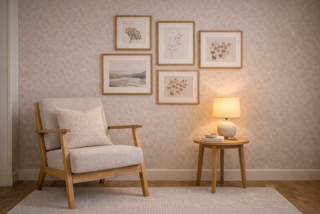 Reading nook corner with a small gallery wall, oak frames, and cozy textures