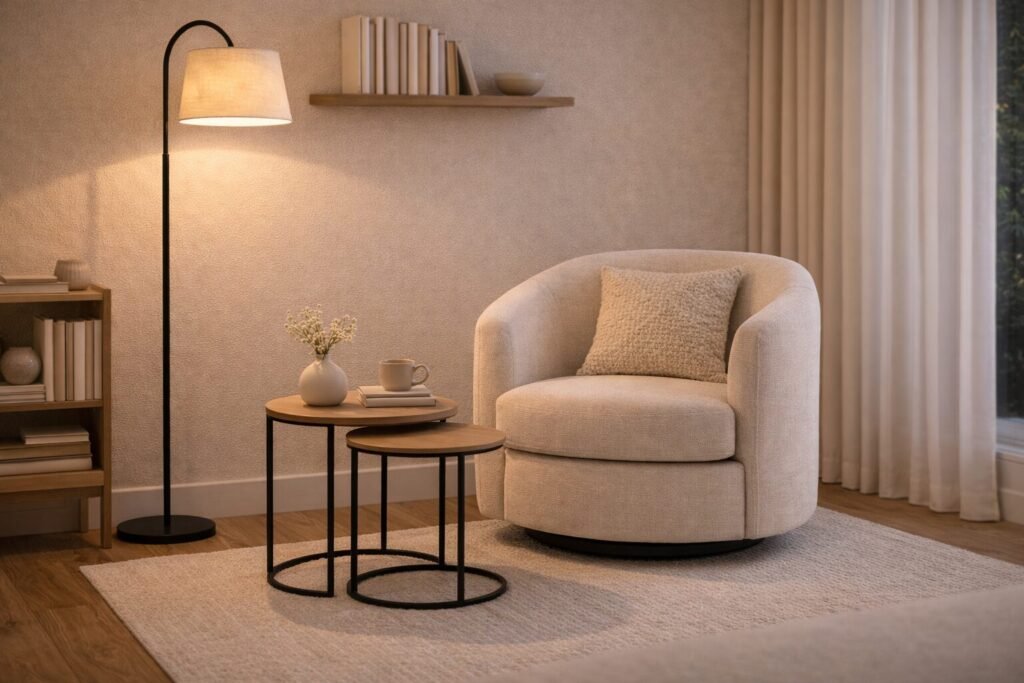 Reading nook corner with a small swivel chair, slim floor lamp, nesting tables, and a textured rug in a compact living room