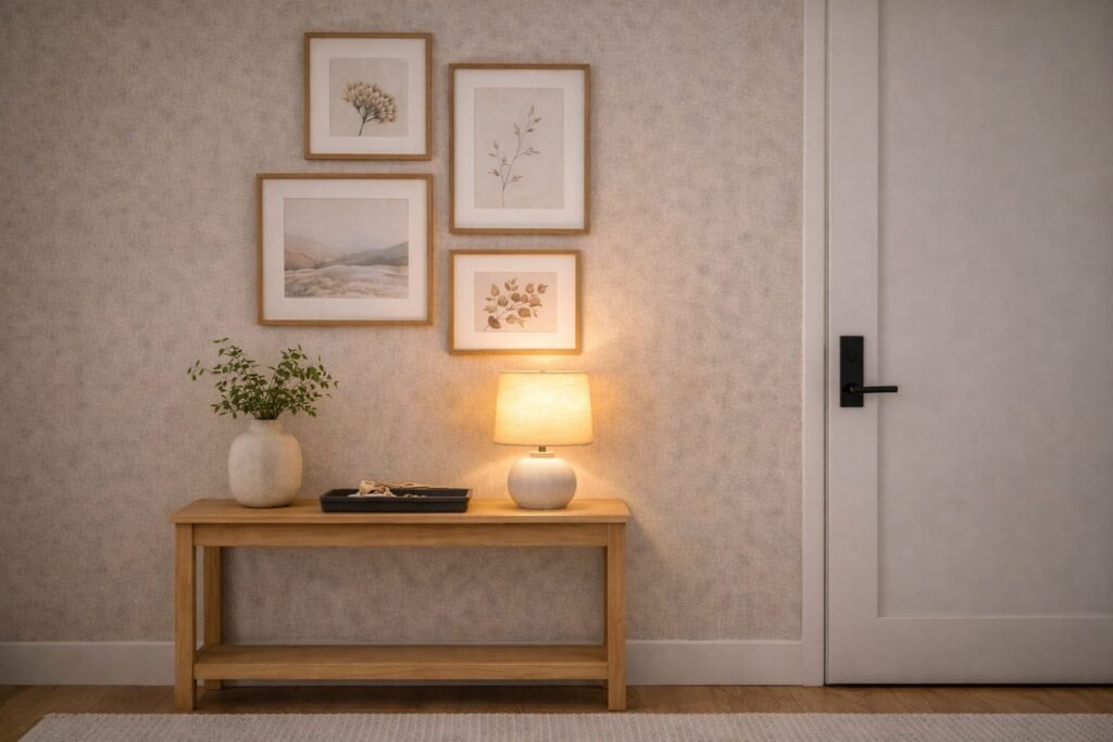 Entry corner with a small gallery wall, console surface styling, and a catchall tray