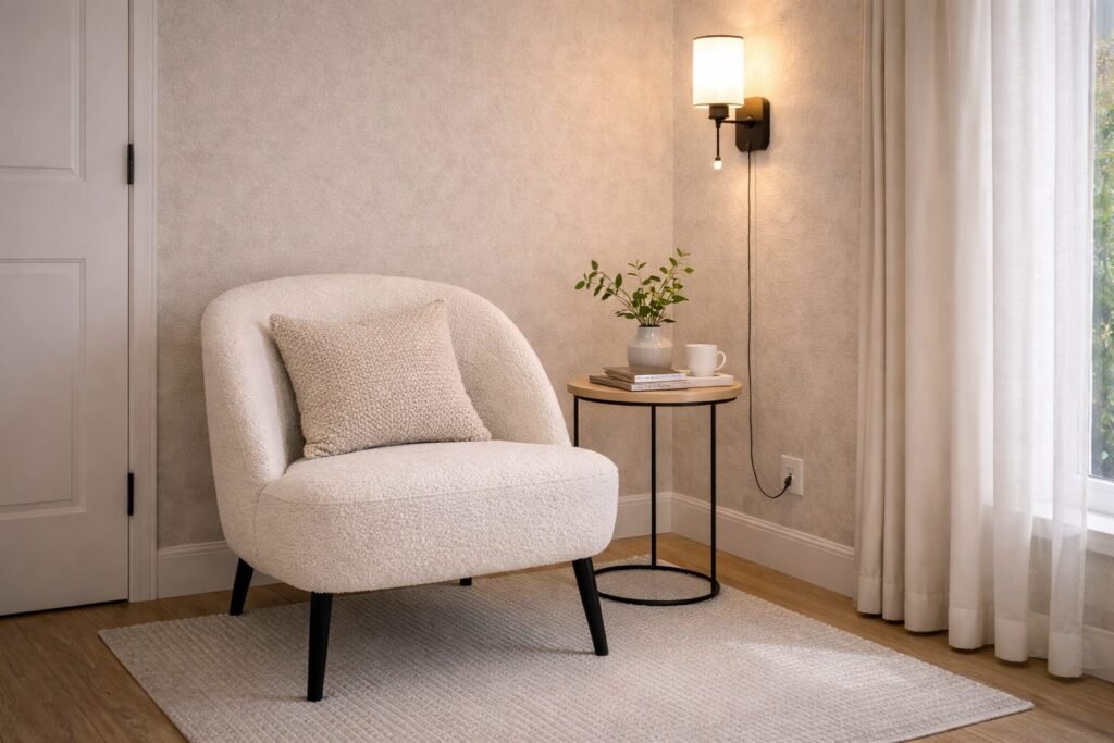 Peel-and-stick wallpaper accent wall in a warm modern living room with a reading nook corner