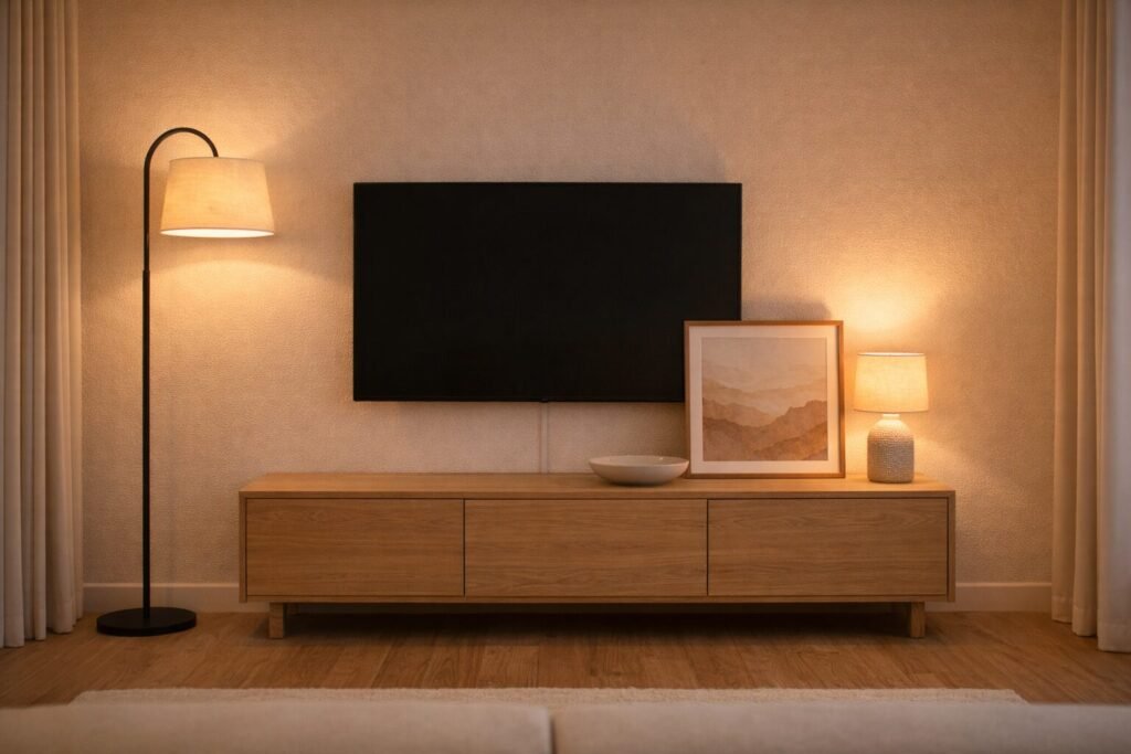 TV wall and media console styled with warm lighting layers and modern decor