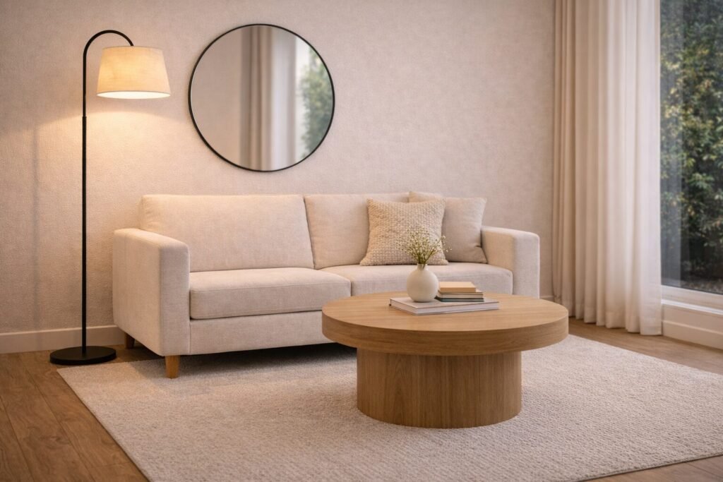 Sofa wall layout with a compact sofa, round coffee table, and large mirror to make a small living room feel bigger