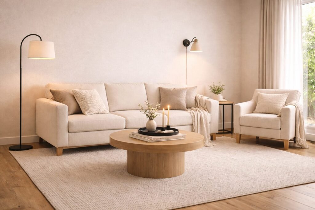 Living room sofa wall seating area anchored by an appropriately sized area rug