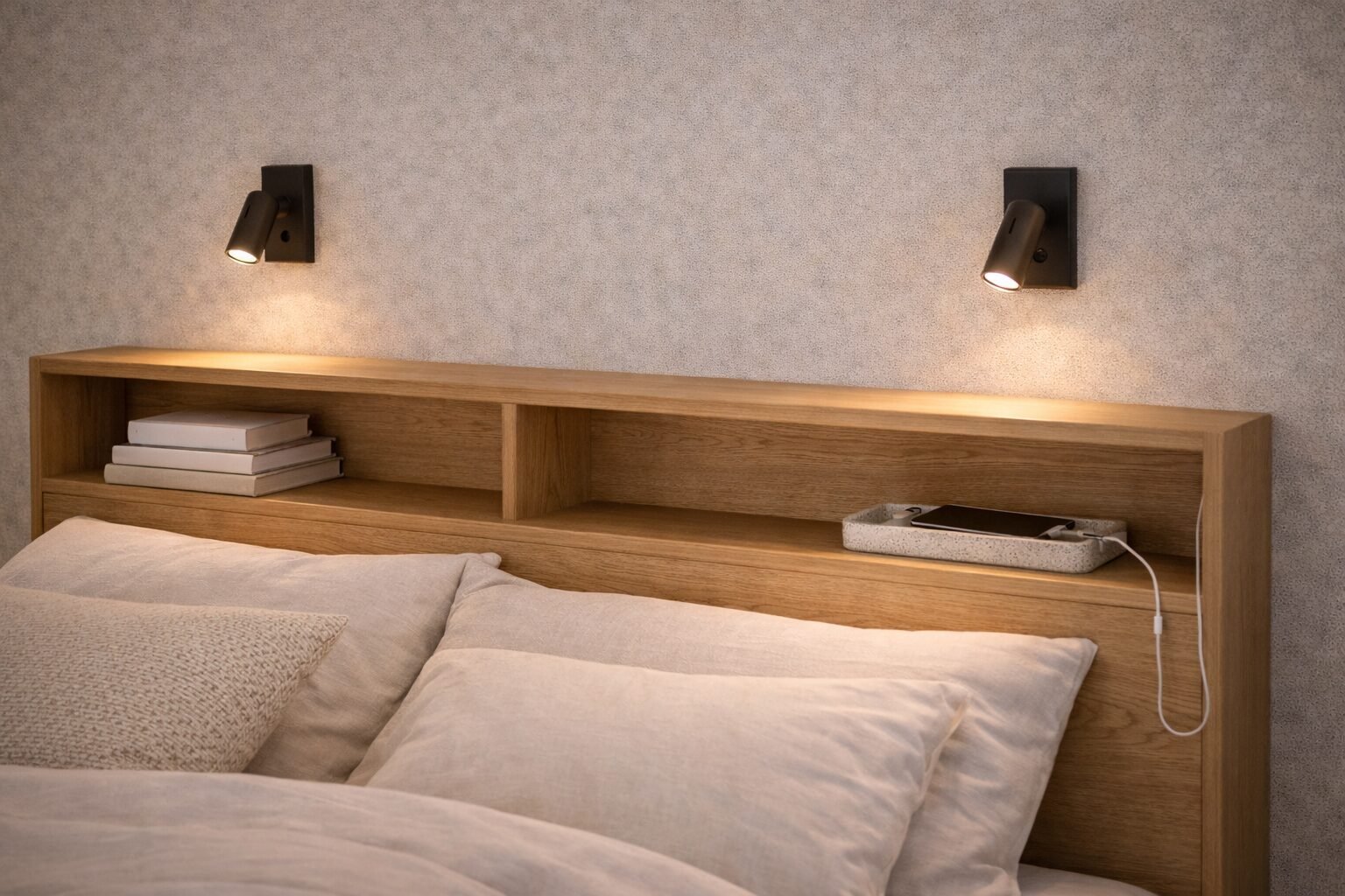 Storage headboard with shelves styled neatly with books, tray, and wall reading lights