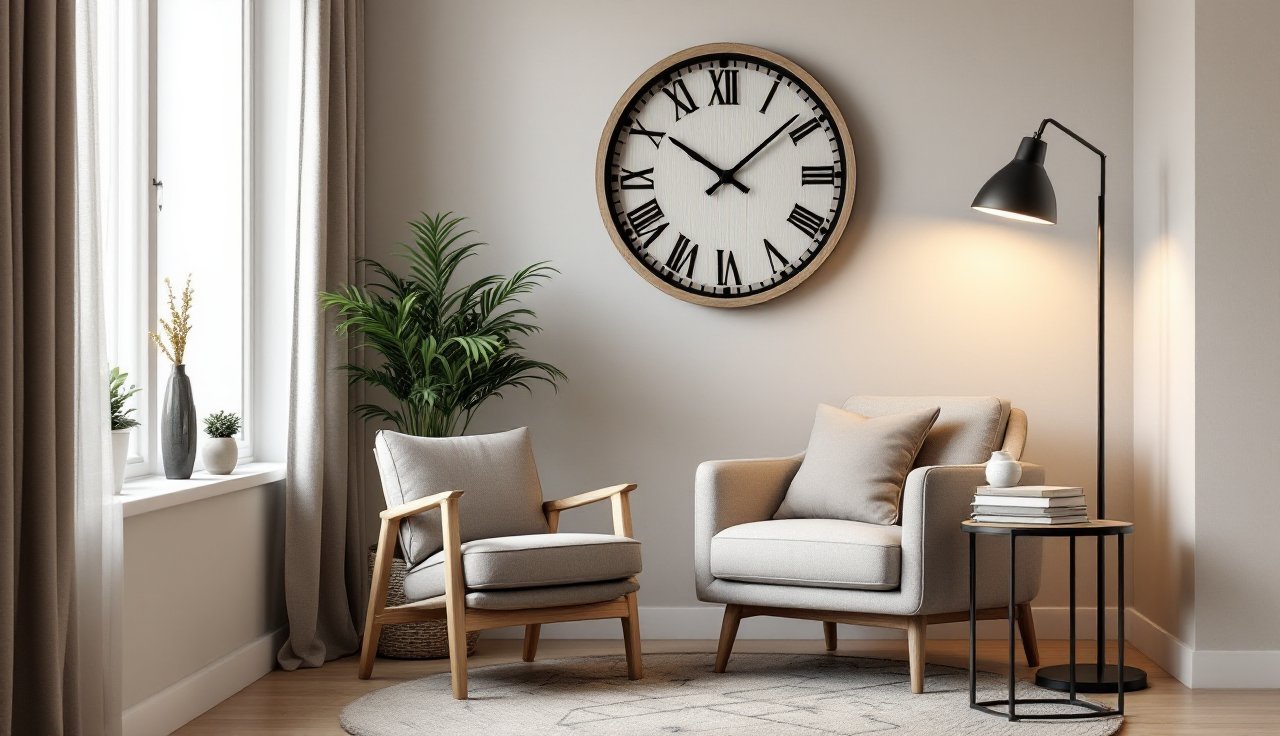 Reading nook with an oversized wall clock, accent chair, and floor lamp creating a cozy corner